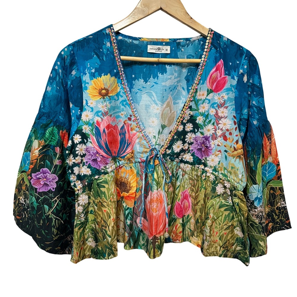 NATURAL LIFE Teal Floral V-Neck Peasant Blouse with Multi-Color Garden Print